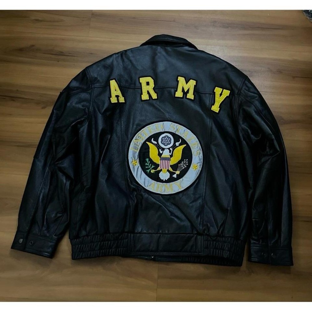 Mens‎ USA Army Black Genuine Leather Full Zip Bomber Jacket